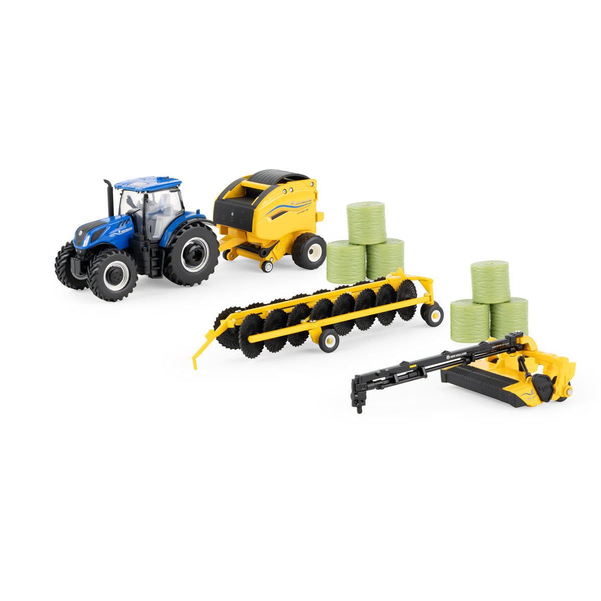 New Holland Haying Set with T7.230 Tractor, 313 PLUS Discbine, 561 Roll-Belt Round Baler, Hay Rake & 6 Round Bales