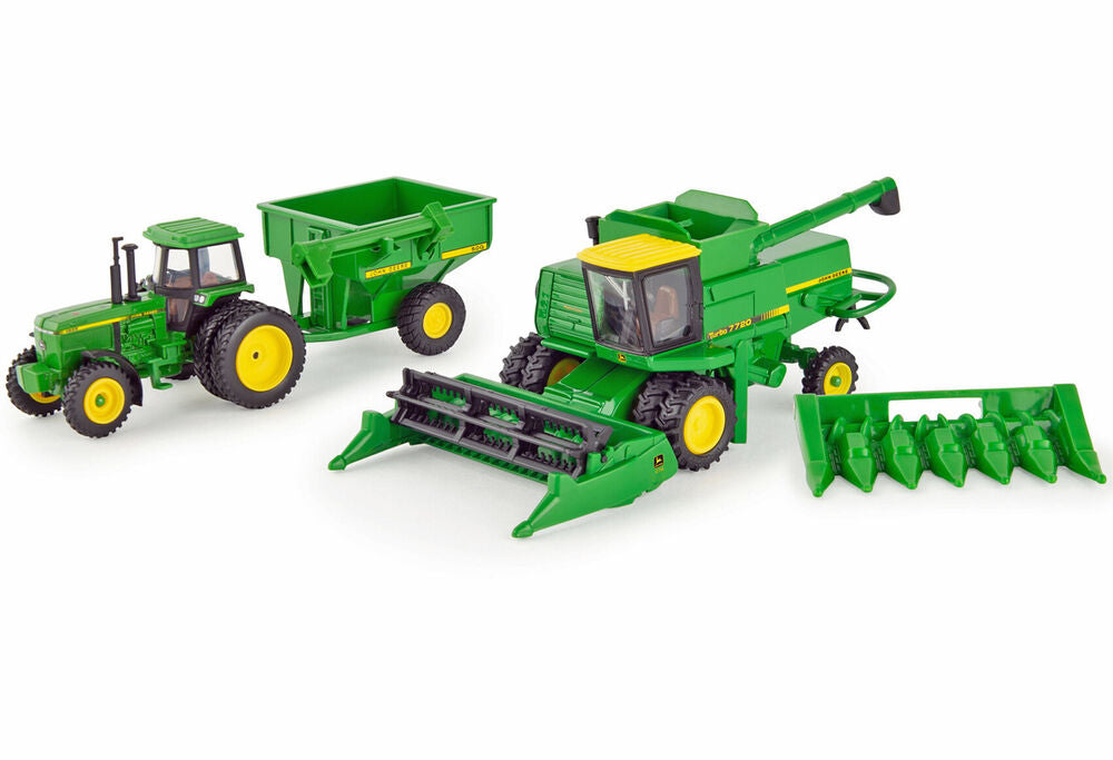John Deere vintage grain harvest set (7720 header, 4555 tractor, chaser bin)