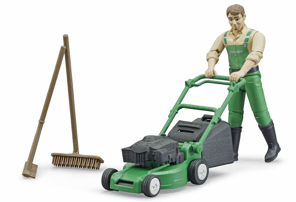 BRUDER Bworld GARDENER with LAWN MOWER RAKE + BROOM scale model by Collector Models