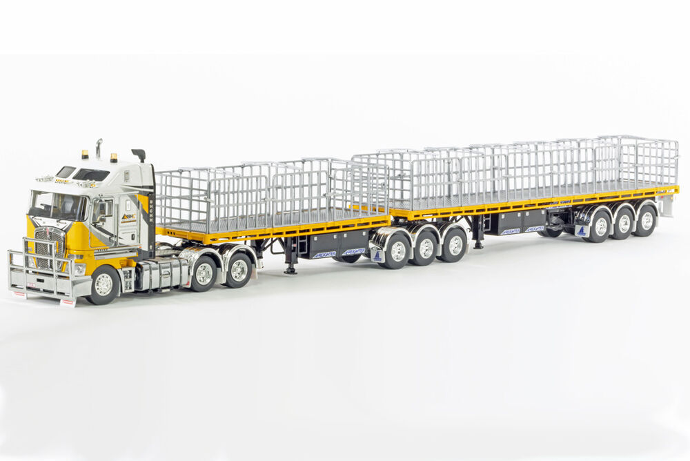 KENWORTH K200 23 CAB w FREIGHTER FLAT BED B DOUBLE TRAILERS   Big Hill Cranes scale model by Collector Models