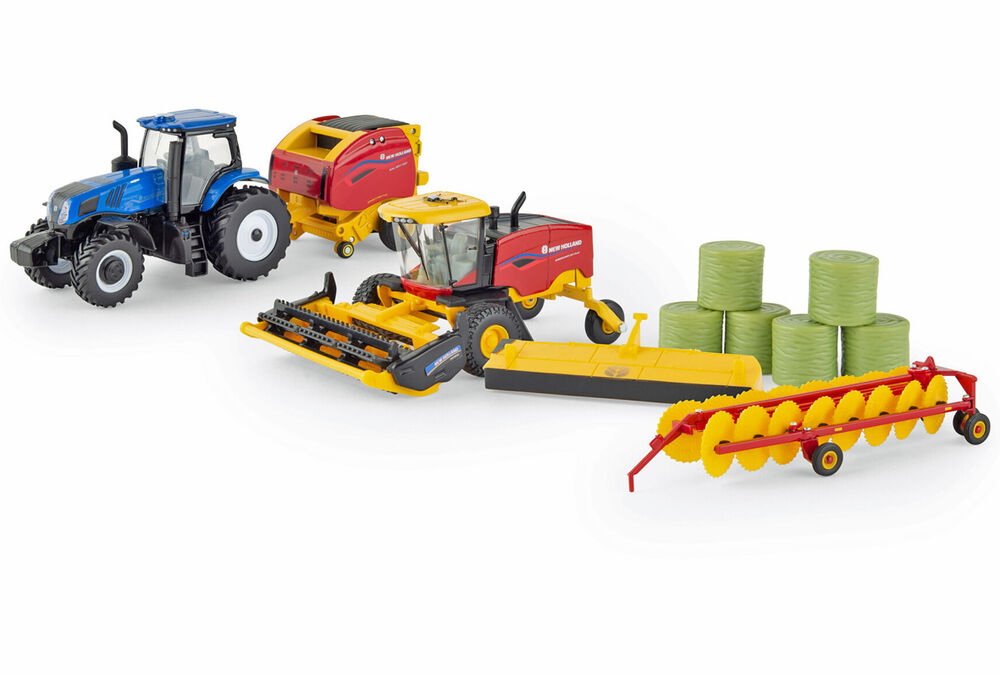 NEW HOLLAND HAY HARVEST SET T8350 TRACTOR 560 BALER 220 WINDROWER RAKE scale model by Collector Models