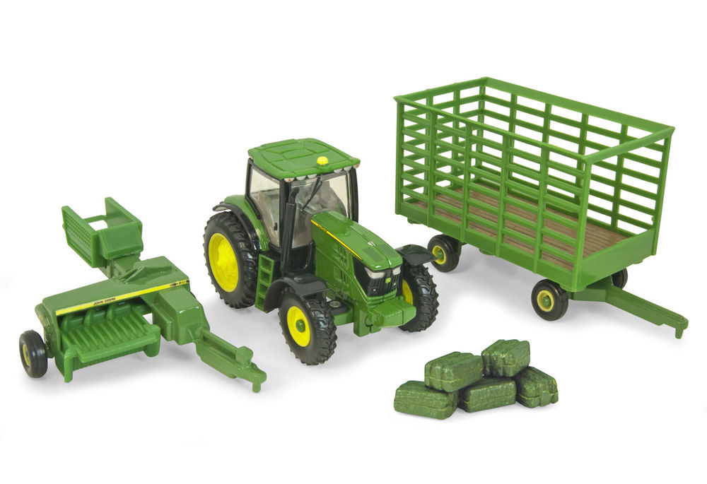 John Deere 6210R tractor with 338 small sq baler & bale wagon