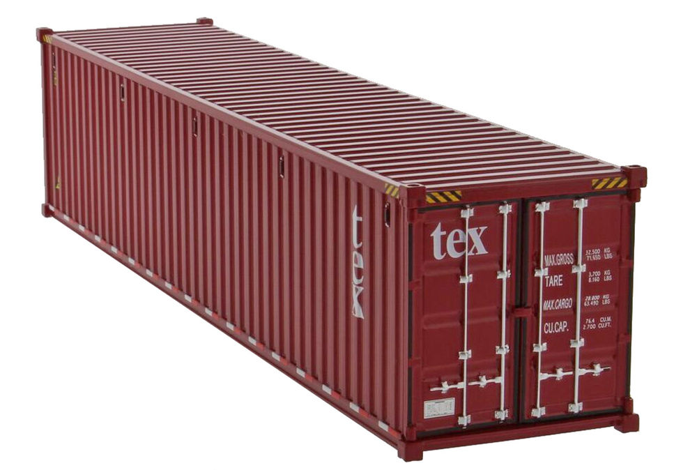 A red 20-foot container shipping container with vertical ribs, featuring the white 'tex' logo on the front door and side panel, shown on a plain white background.