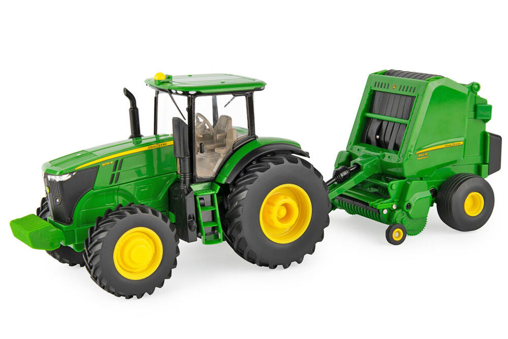 John Deere 7270R tractor with 560R round baler