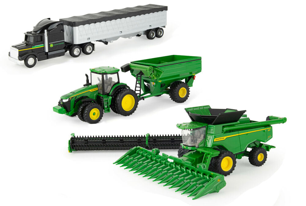 John Deere grain harvest set (X9-1100, 8R 370, chaser bin, grain semi)