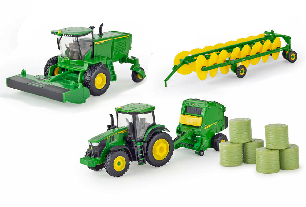 John Deere hay harvest set 7R 250 tractor, round baler, windrower, rake