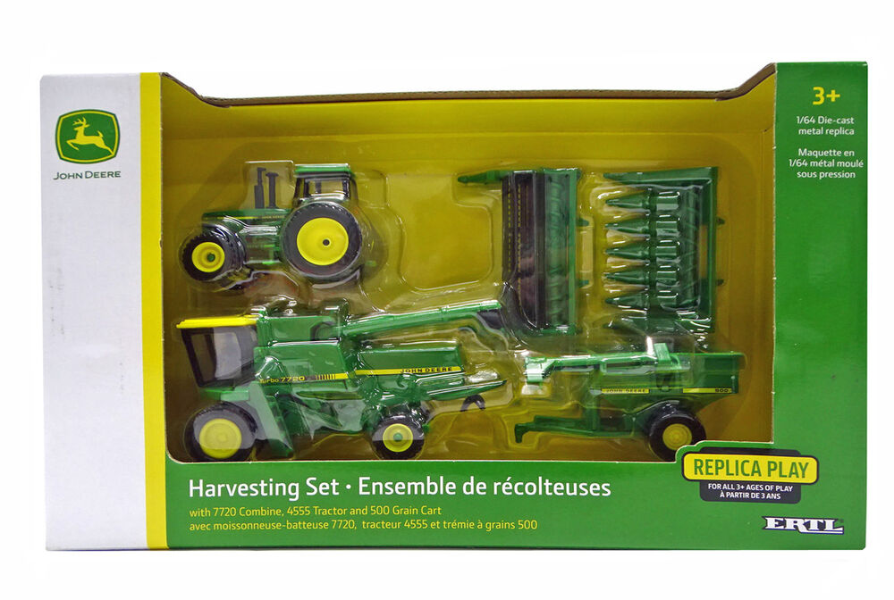 John Deere vintage grain harvest set (7720 header, 4555 tractor, chaser bin)