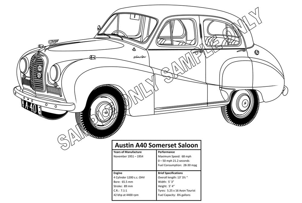 Murray Parker sketch (mounted) - auston A40 somerset saloon