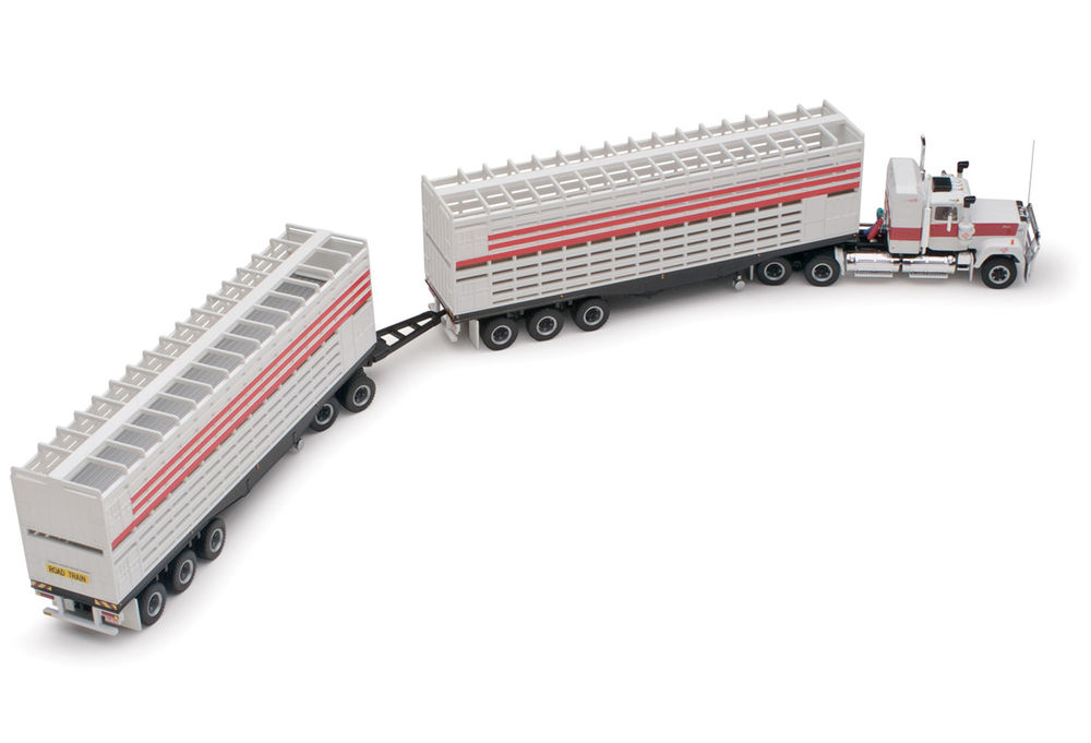 MACK SUPERLINER ROAD TRAIN CATTLE TRUCK with 2 TRAILERS (white/red) Collector Models