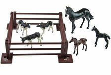 BRITAINS SMALL ANIMAL SET (3 calves, 2 foals, horse, 4 fences)