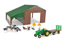 JOHN DEERE FARM SHED with ANIMALS and JD 4020 TRACTOR & TRAILER